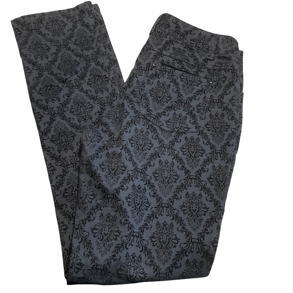 Tribal Damask Print Pants Womens 4 Black Grey‎ Flocked Slim Leg Velvet Pattern